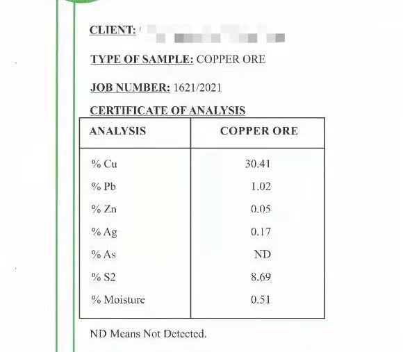 Copper ore testing certificate from Nigeria